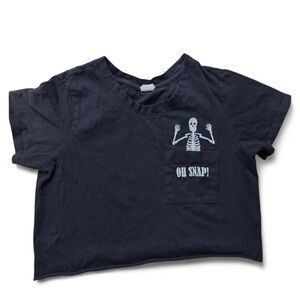 La Luna black baby tee crop top with embroidered skeleton pocket graphic design